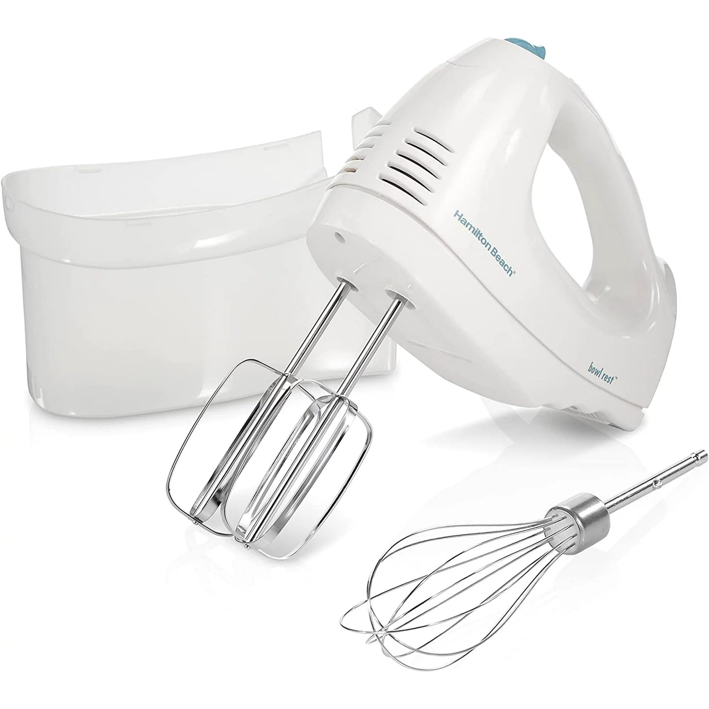 Beach 6-Speed Electric Hand Mixer with Whisk, Traditional Beaters, Snap-On Storage Case, White