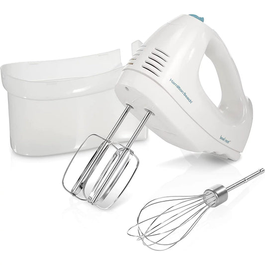 Beach 6-Speed Electric Hand Mixer with Whisk, Traditional Beaters, Snap-On Storage Case, White