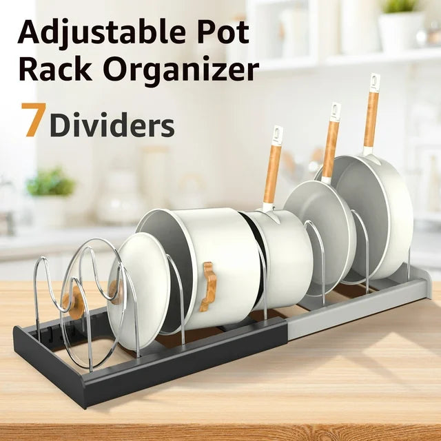 Expandable Pot Lid Organizer-Pot and Pan Compartments 12”-22” Wide-Pot Rack Organizer & Pot Lid Rack for Cuttingboard, Plates, Platters, Bakeware