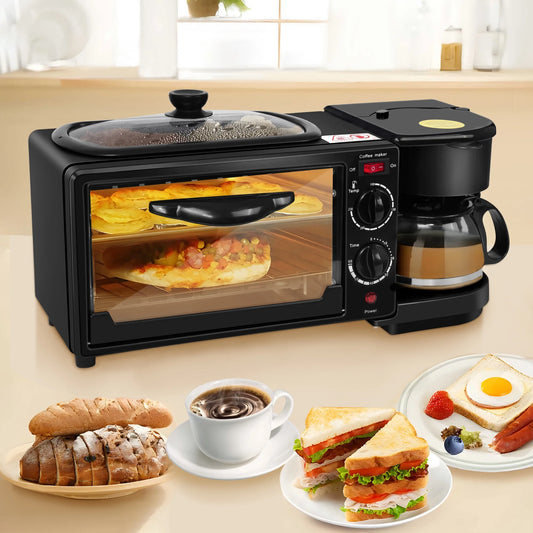 MULISOFT 3-in-1 Breakfast Station - Includes Coffee Maker, Non-Stick Griddle, and Toaster Oven - Versatile Breakfast Maker with Timer for Bread, Eggs, Sandwiches, Bacon, and Sausages