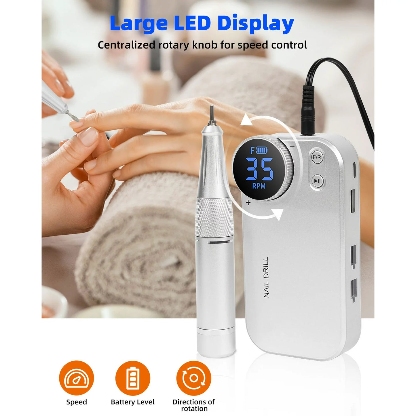 7MAGIC Electric Nail Drill, Rechargeable Electric Nail Drills for Acrylic, Gel Nails, Professional Nail Tools for Manicure Pedicure, 35000RPM, Silver