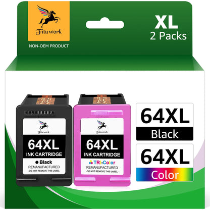 64XL Ink Cartridges Combo Pack Replacement for HP(1 Black, 1 Tri-Color)