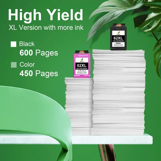 62XL High Yield Ink Cartridges Replacement for HP(Black & Tri-Color)