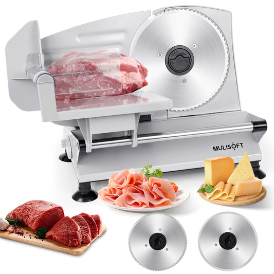 MULISOFT Meat Slicer, Meat Slicer Machine for Home Use, with 2 Removable Stainless Steel Blades, Adjustable Thickness Deli Slicer, Electric Slicer for Meat, Cheese, Bread, New