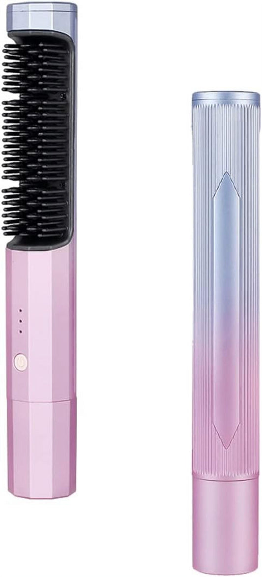 Portable Cordless Hair Straightening Brush Blue Pink