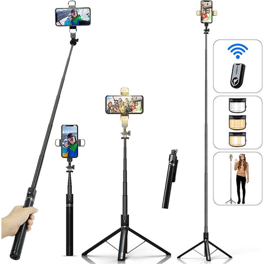 Selfie Stick Phone Tripod with Remote and LED Fill Lights - 70 inch Heigh