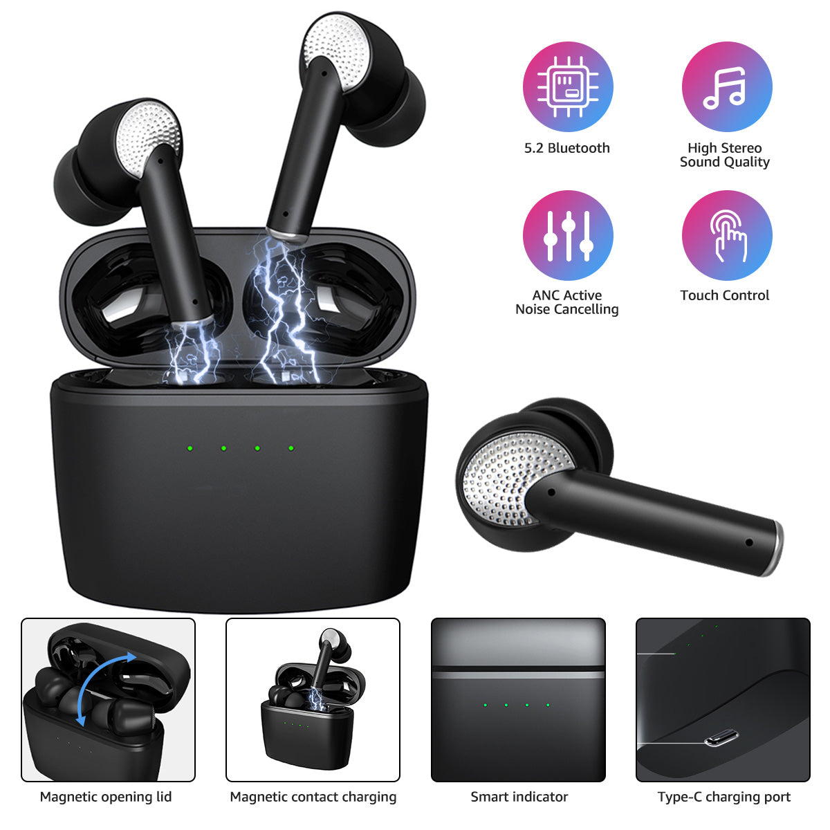 J8 Wireless Touch WaterProof Bluetooth Earbuds - Black