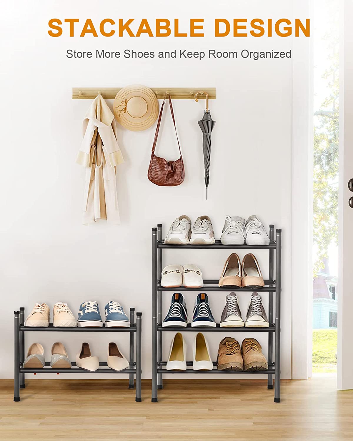 MULISOFT 2-Tier Expandable Shoe Rack, Stackable and Adjustable Shoe Rack Organizer, Sturdy and Durable Metal Shoe Storage Organizer, Vertical Shoe Rack for Closet/Entryway/Bedroom/Dorm/Doorway