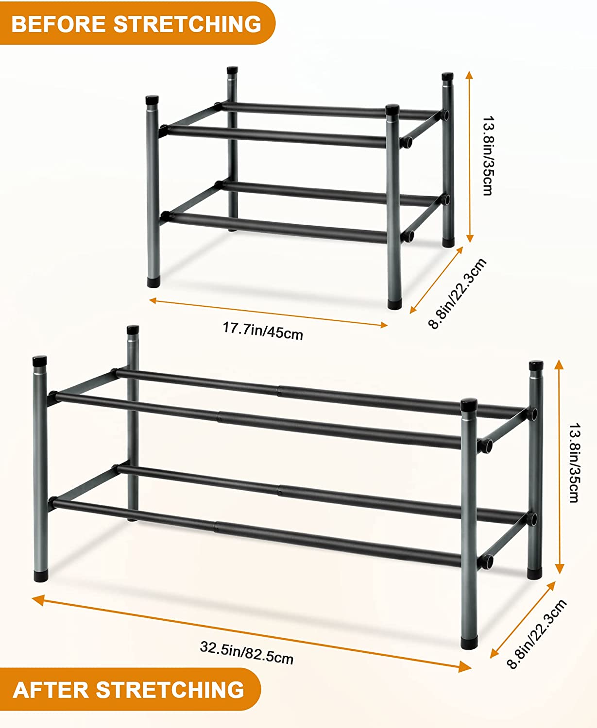 MULISOFT 2-Tier Expandable Shoe Rack, Stackable and Adjustable Shoe Rack Organizer, Sturdy and Durable Metal Shoe Storage Organizer, Vertical Shoe Rack for Closet/Entryway/Bedroom/Dorm/Doorway