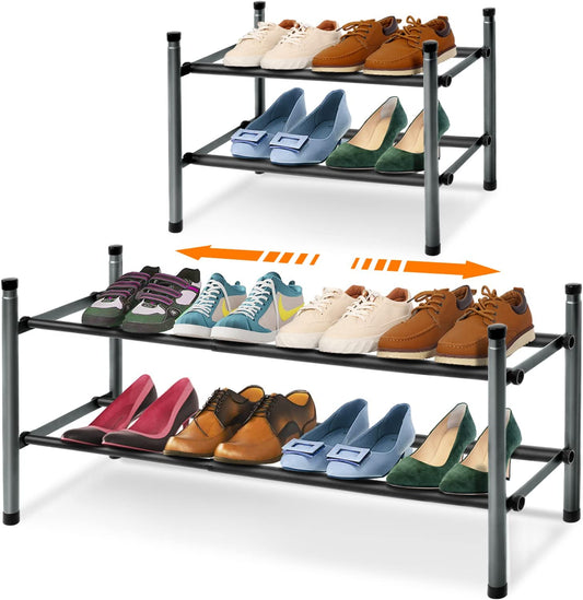 MULISOFT 2-Tier Expandable Shoe Rack, Stackable and Adjustable Shoe Rack Organizer, Sturdy and Durable Metal Shoe Storage Organizer, Vertical Shoe Rack for Closet/Entryway/Bedroom/Dorm/Doorway