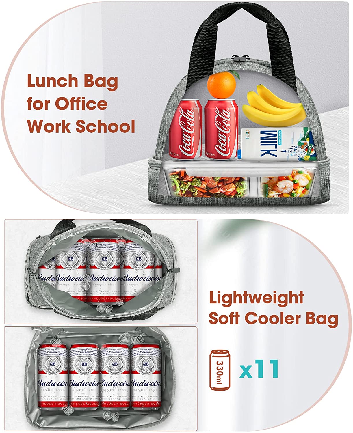 MULISOFT Lunch Bag for Women/Men, Insulated Lunch Bag for Kids/Adult, Reusable Lunch Box for Office Work School Picnic Beach, Durable, Leakproof 2 Compartment Lunch Bag-Grey