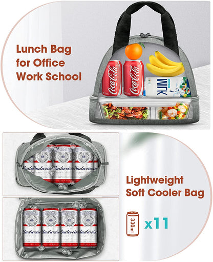 MULISOFT Lunch Bag for Women/Men, Insulated Lunch Bag for Kids/Adult, Reusable Lunch Box for Office Work School Picnic Beach, Durable, Leakproof 2 Compartment Lunch Bag-Grey