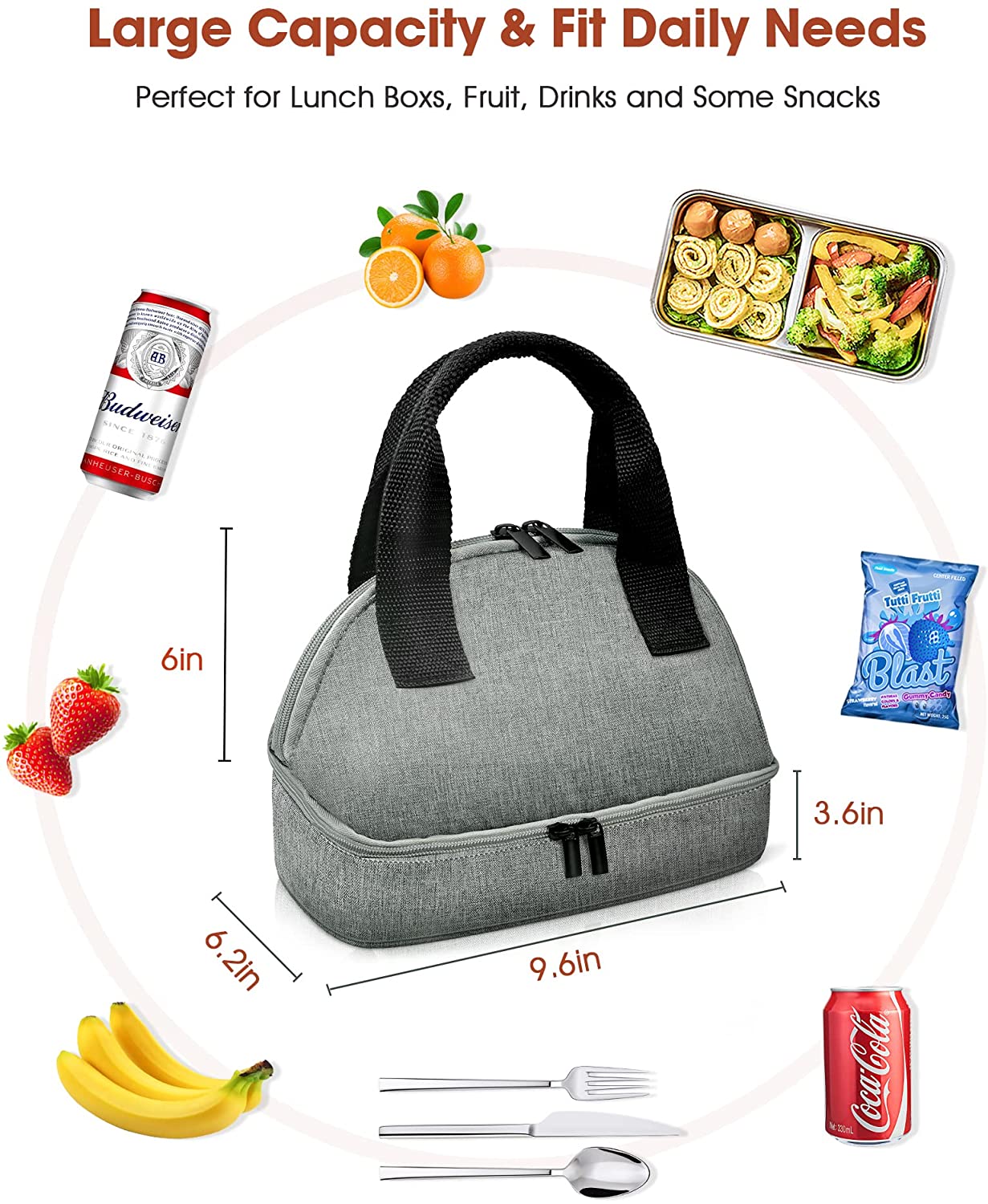 MULISOFT Lunch Bag for Women/Men, Insulated Lunch Bag for Kids/Adult, Reusable Lunch Box for Office Work School Picnic Beach, Durable, Leakproof 2 Compartment Lunch Bag-Grey